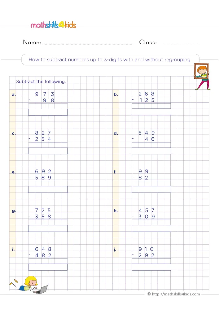Preview of the column subtraction page on a purple grid, with ten problems in two columns and a girl at a laptop below.
