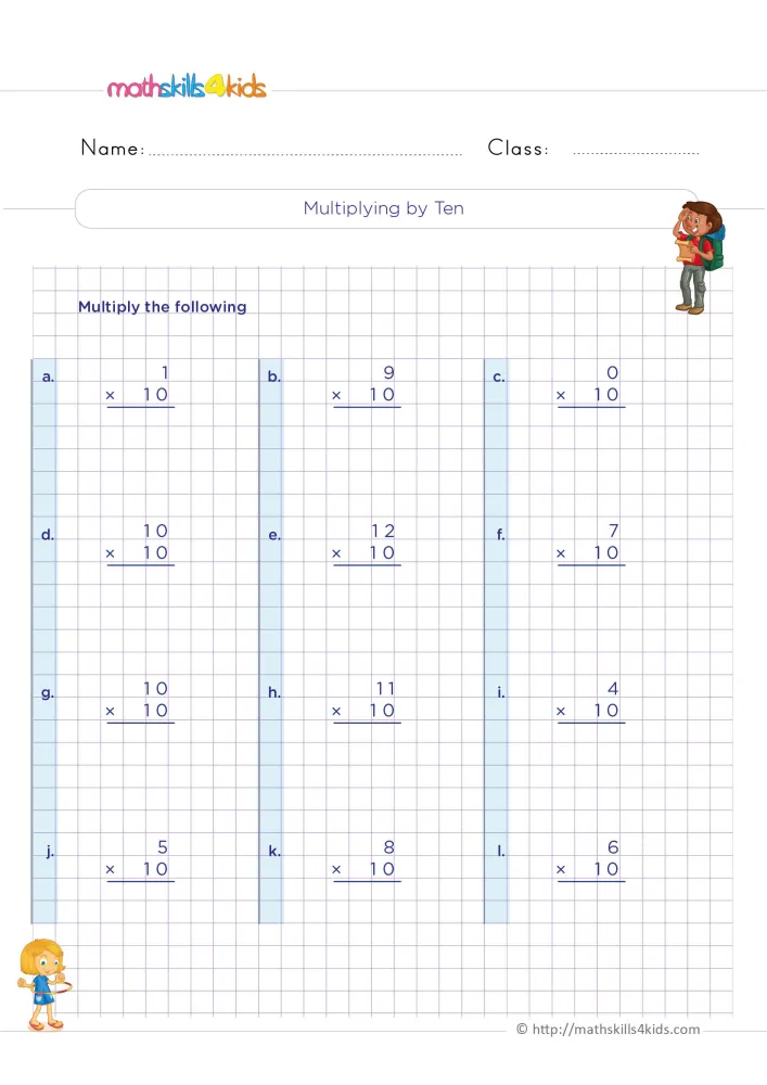 Preview of the multiplying by ten page: a child with a backpack by the title, then four rows of column facts labeled a to l.