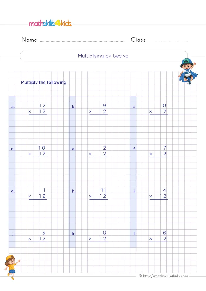 Preview of the multiplying by twelve page: a caped boy by the title, then four rows of column facts labeled a to l.