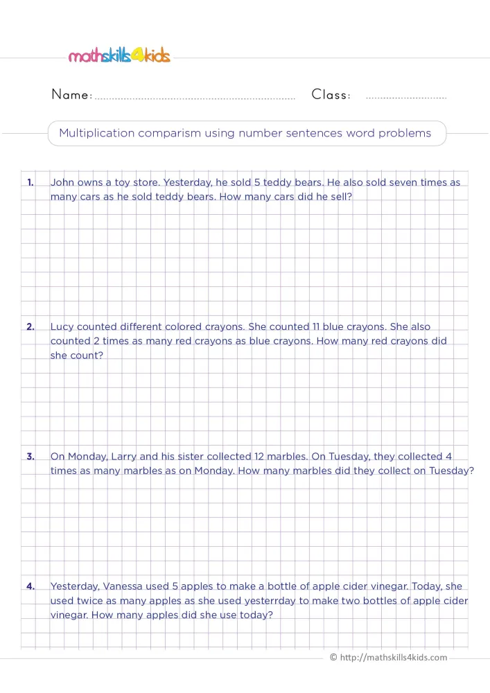 Preview of the comparison stories page: four numbered word problems on a purple grid, each followed by lines for the working.