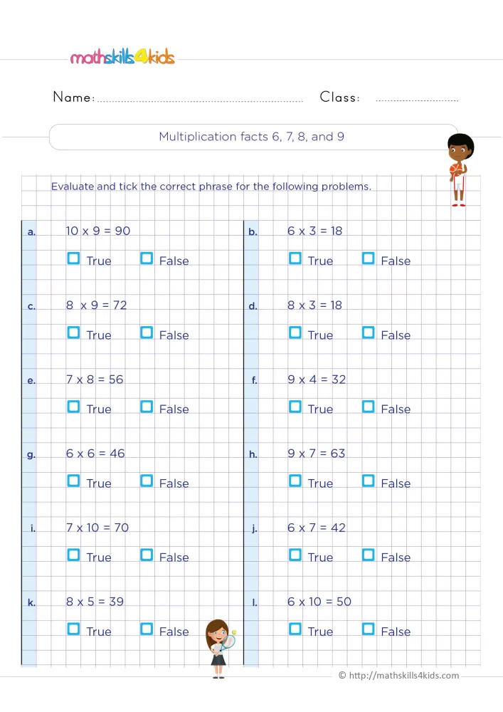 Preview of the true or false page for the 6 to 9 tables: a boy by the title, then six rows of facts with tick boxes.