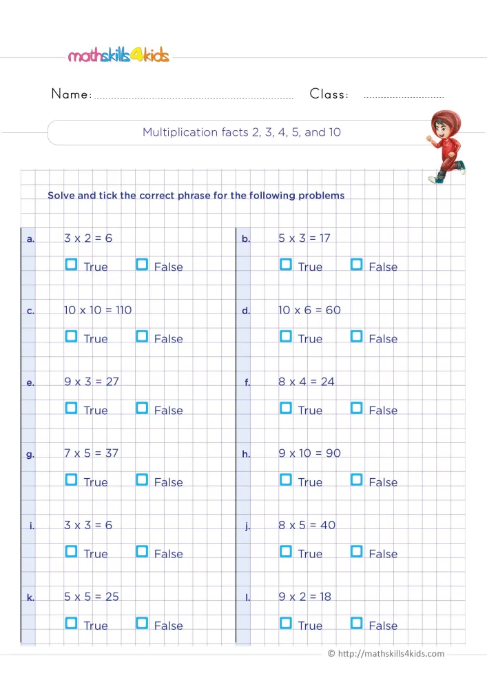 Preview of the multiplication facts true or false page: a running boy by the title, then twelve facts with two tick boxes each.