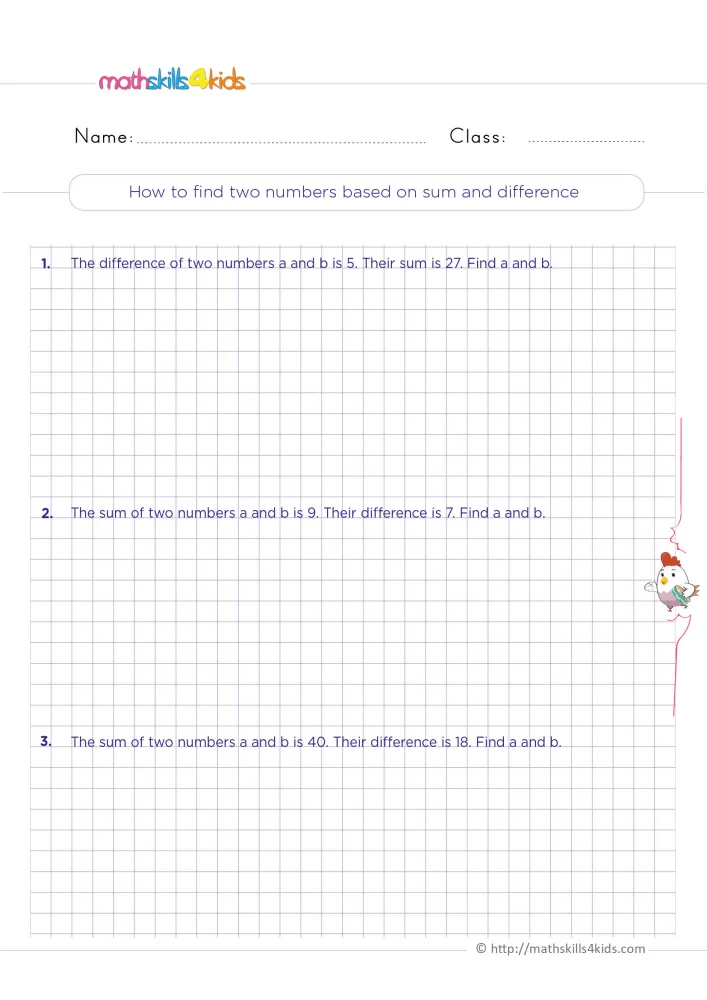 Preview of the sum and difference page: three short puzzles about a and b, wide grid space for working and a chicken.