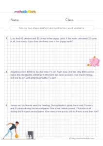 3rd Grade Two-Step Add and Subtract Word Problems Worksheet: 3 Stories