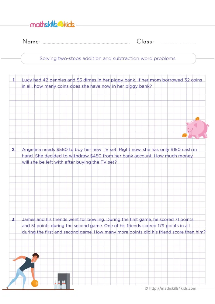 Preview of the two-step word problems page: three stories with grid space, a pink piggy bank and a boy bowling at the bottom.