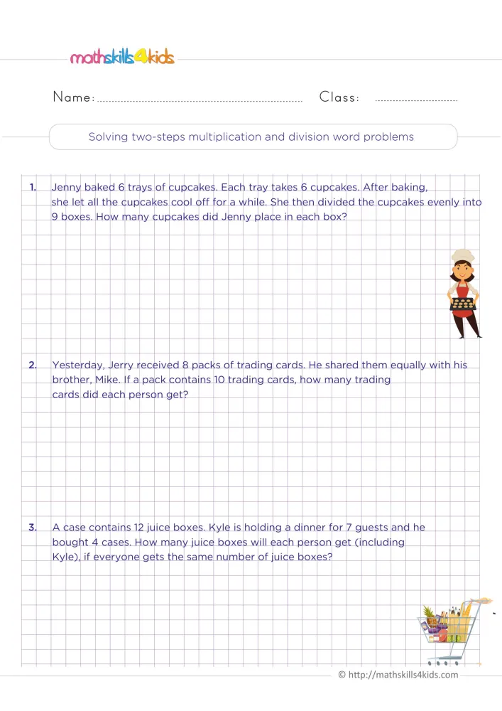 Preview of the two-step multiplication and division word problems page: three stories with ruled space to write the facts and the answer.