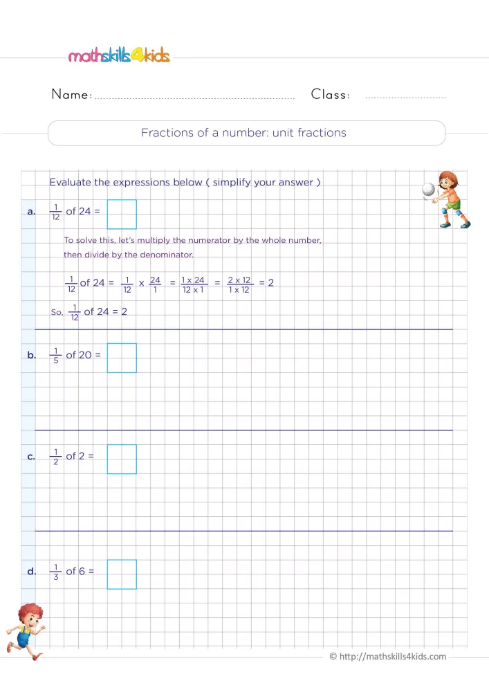 Preview of the unit fraction of a number page: four boxed sums, a worked example, a volleyball player and a running boy.