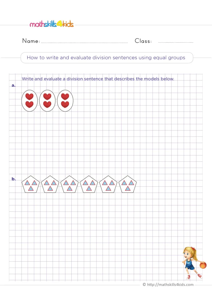 Preview of the division sentences page: hearts in three ovals, triangles in six pentagons, and a girl with a ball.