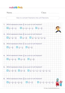 3rd Grade Writing Fractions as Unit Fraction Sums Worksheet: Tick One