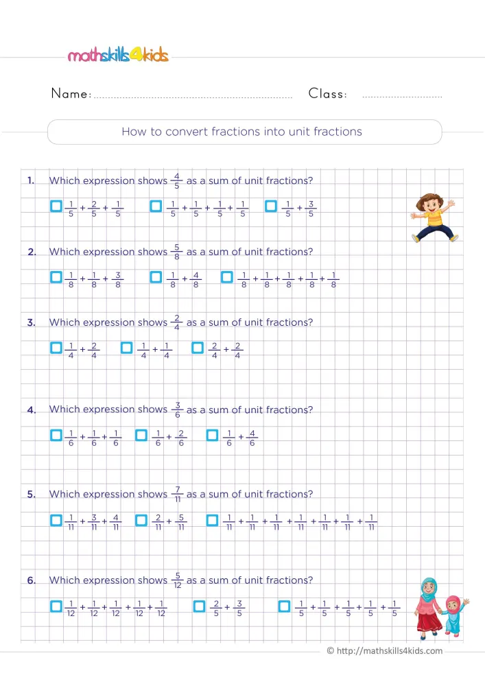 Preview of the unit fraction sums page: six questions with tick boxes, a jumping boy and two girls holding hands.