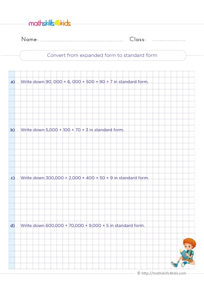 Preview of the expanded form to standard form page on a purple grid, with four questions labeled a to d.