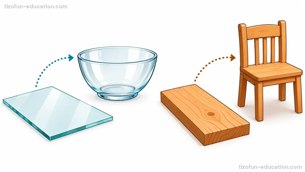 On the left, a flat sheet of glass and an arrow to a glass bowl. On the right, a wooden board and an arrow to a wooden chair.