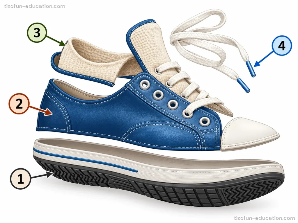 A sneaker shown in separate pieces with numbers: 1, the rubber sole; 2, the blue cloth top; 3, the soft lining; 4, the lace.