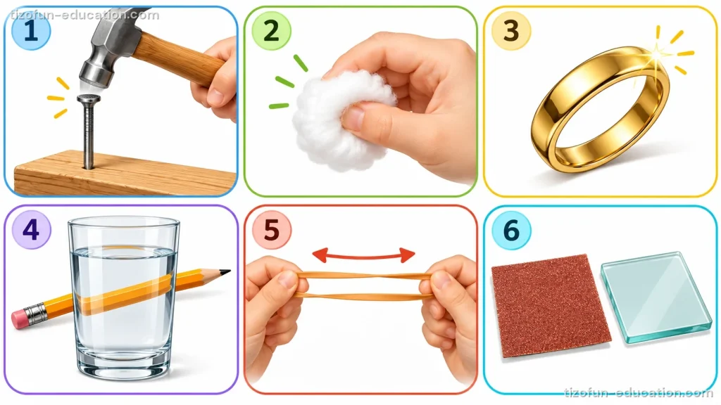 Six numbered boxes: 1, a hammer drives a nail into wood; 2, a hand squeezes cotton; 3, a shiny gold ring; 4, a pencil in a clear glass of water; 5, hands stretch a rubber band; 6, rough sandpaper next to smooth glass.