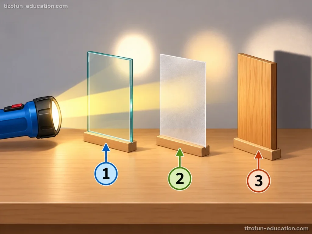 A flashlight shines on three panels in a row: 1, clear glass; 2, frosted glass; 3, a wooden board. Light passes through the first, a little through the second, not through the third.