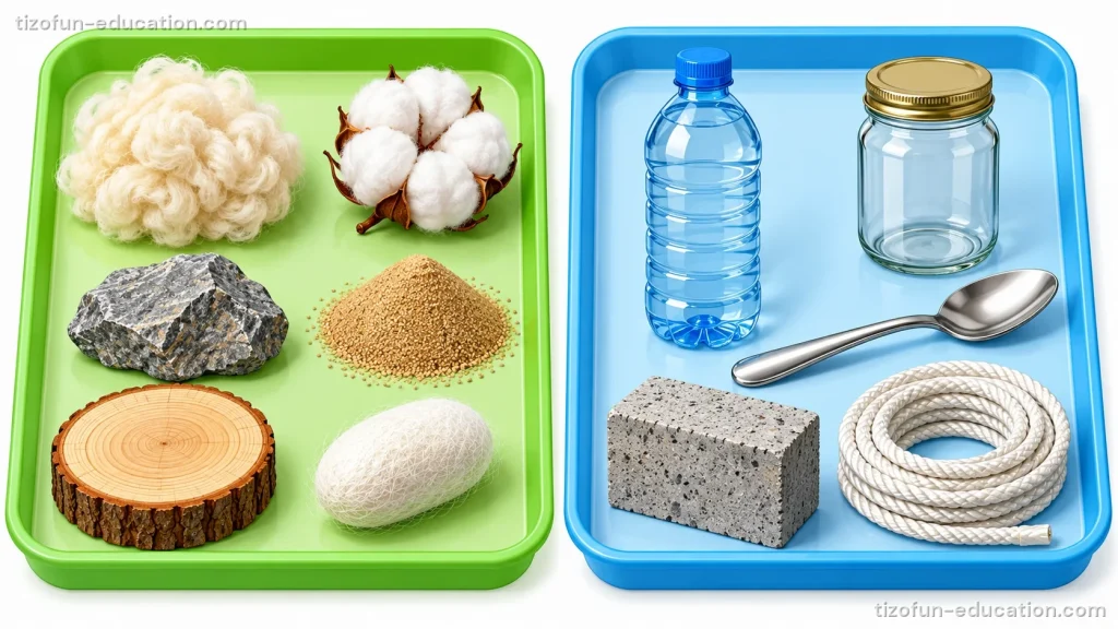 Two trays. Green tray: wool, cotton, a rock, sand, a slice of wood and a silk cocoon. Blue tray: a plastic bottle, a glass jar, a metal spoon, a concrete block and a rope.