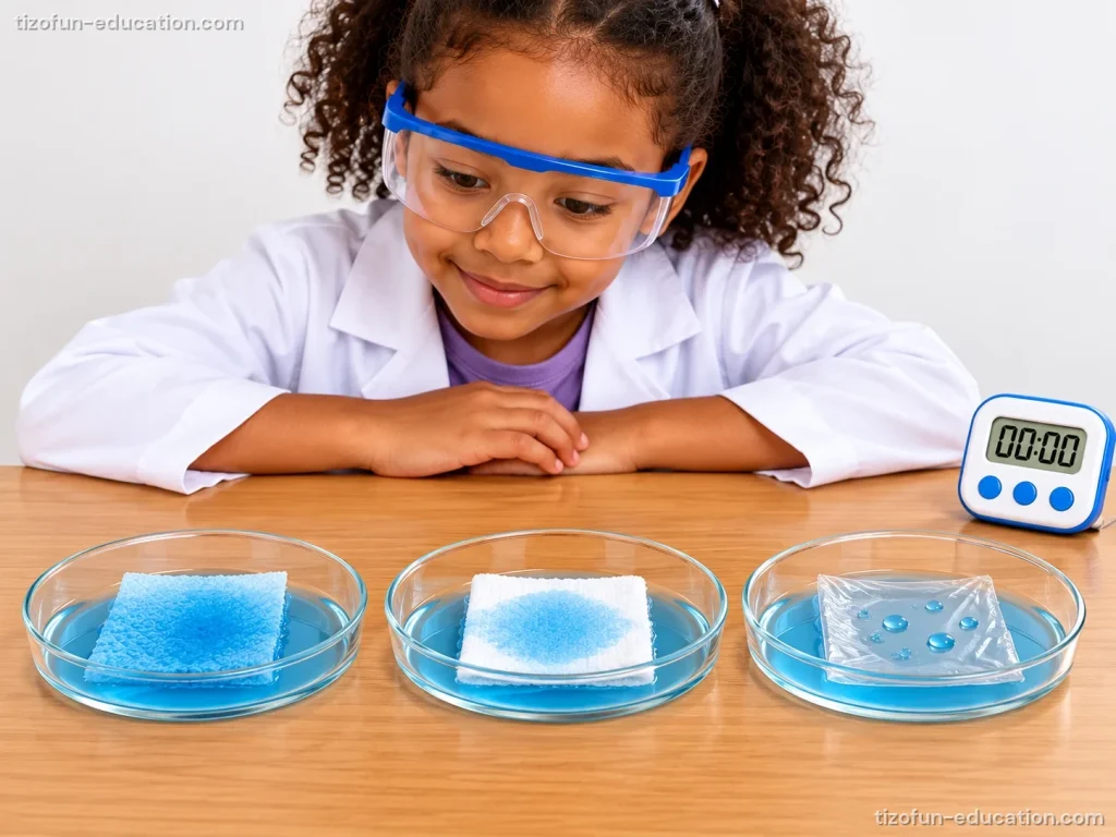 A girl in safety glasses watches three dishes of blue water with a timer: a sponge, a paper towel and a piece of plastic.