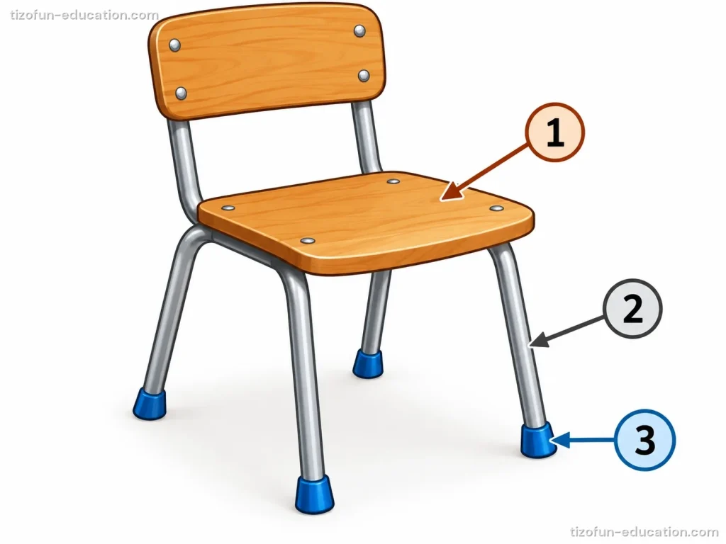 A school chair with three numbered parts: 1, the wooden seat; 2, the metal legs; 3, the plastic caps on the feet.