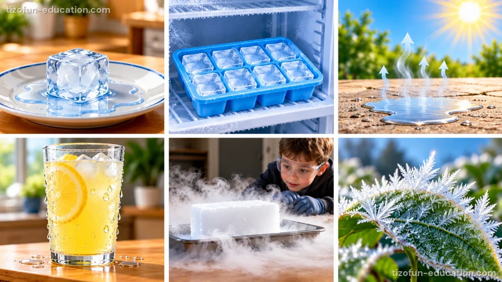Six pictures: an ice cube on a plate, an ice tray in a freezer, a puddle drying in the sun, a glass of lemonade with ice, a boy watching cold mist, and frost on a leaf.