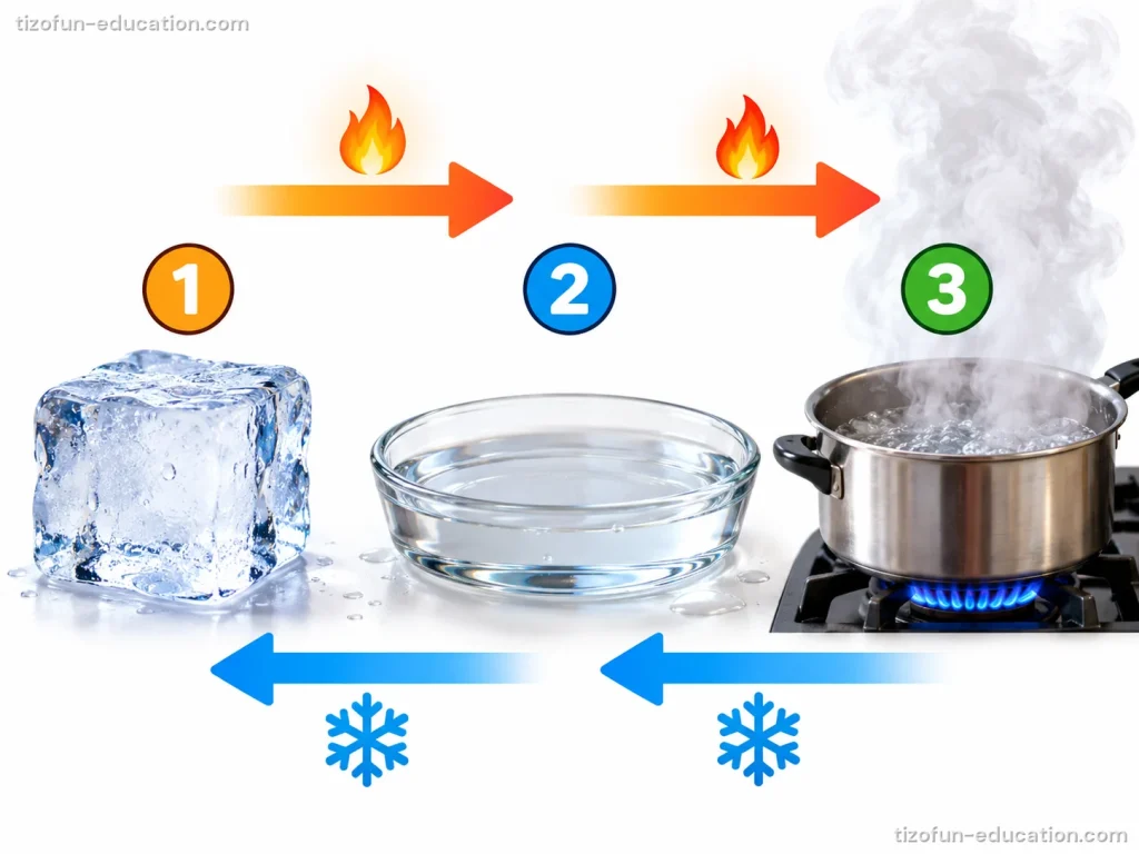 Red arrows with flames go from an ice cube to a bowl of water to a pot of boiling water. Blue arrows with snowflakes go back the other way.