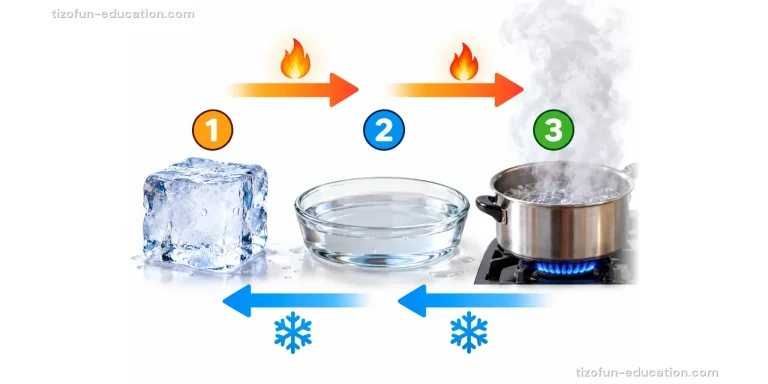 Red arrows with flames go from an ice cube to a bowl of water to a pot of boiling water. Blue arrows with snowflakes go back the other way.