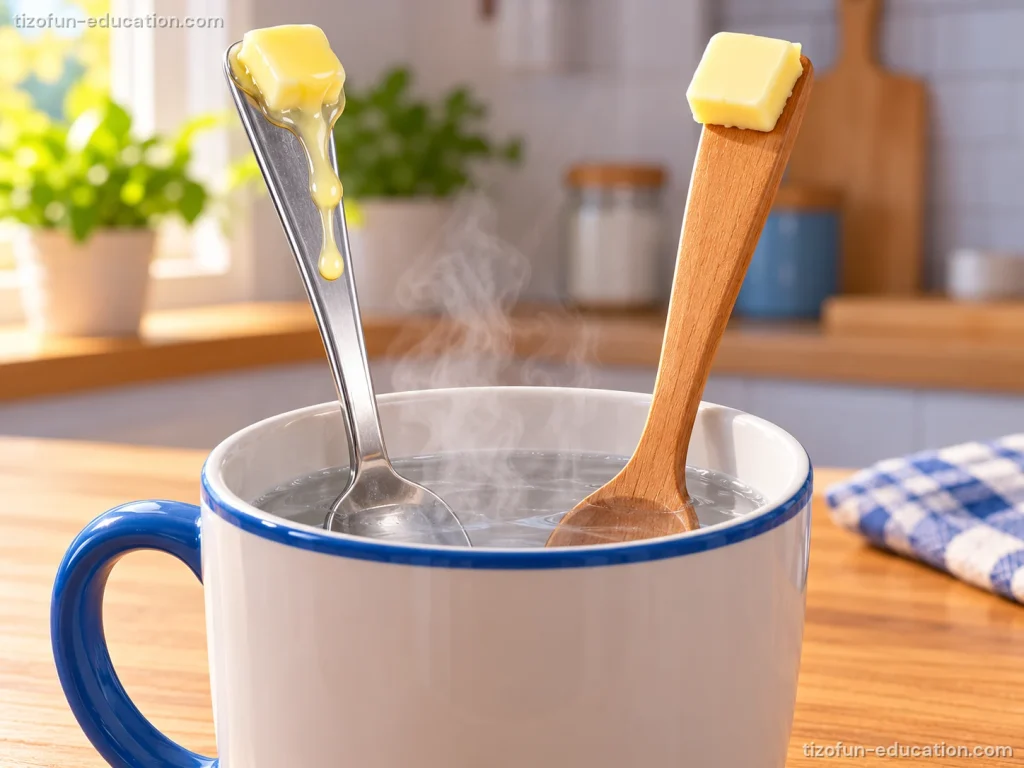 Une tasse d'eau très chaude qui fume contient une cuillère en métal et une cuillère en bois. Un morceau de beurre est posé au bout de chaque cuillère. Le beurre de la cuillère en métal fond et coule. Le beurre de la cuillère en bois reste solide.