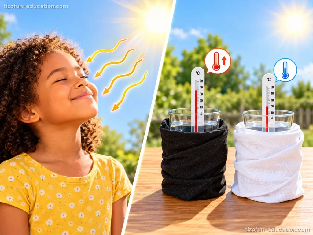 On the left, a girl smiles with her eyes closed in the warm sunshine. On the right, two cups of water stand in the sun, one wrapped in black cloth and one in white cloth, each with a thermometer; the cup in black cloth is warmer.