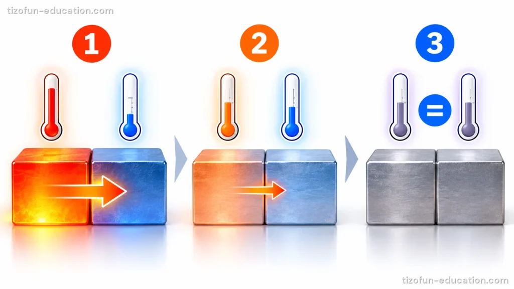 Trois étapes numérotées. 1 : un bloc rouge très chaud touche un bloc bleu froid ; une grosse flèche va du bloc rouge vers le bloc bleu, le thermomètre rouge est haut, le bleu est bas. 2 : les blocs sont moins différents et la flèche est plus petite. 3 : deux blocs gris, et un signe égal entre deux thermomètres au même niveau.
