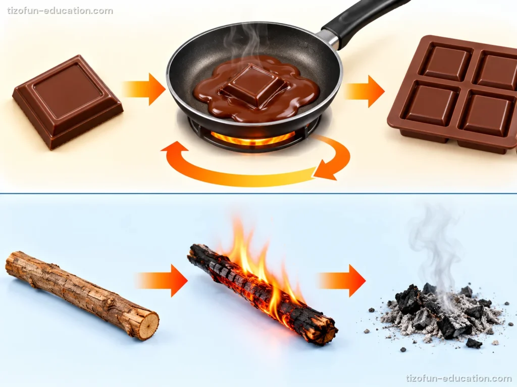 Top: a chocolate bar melts in a pan, then hardens again in a mold. Bottom: a stick burns in a fire and becomes ash.