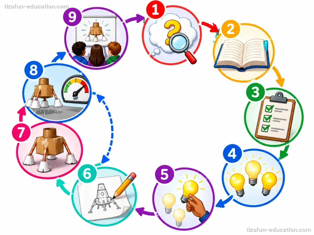A circle of nine round pictures linked by arrows: a question, a book, a list, light bulbs for ideas, a pencil drawing a model, building it, testing it with a gauge, and sharing it with a group.