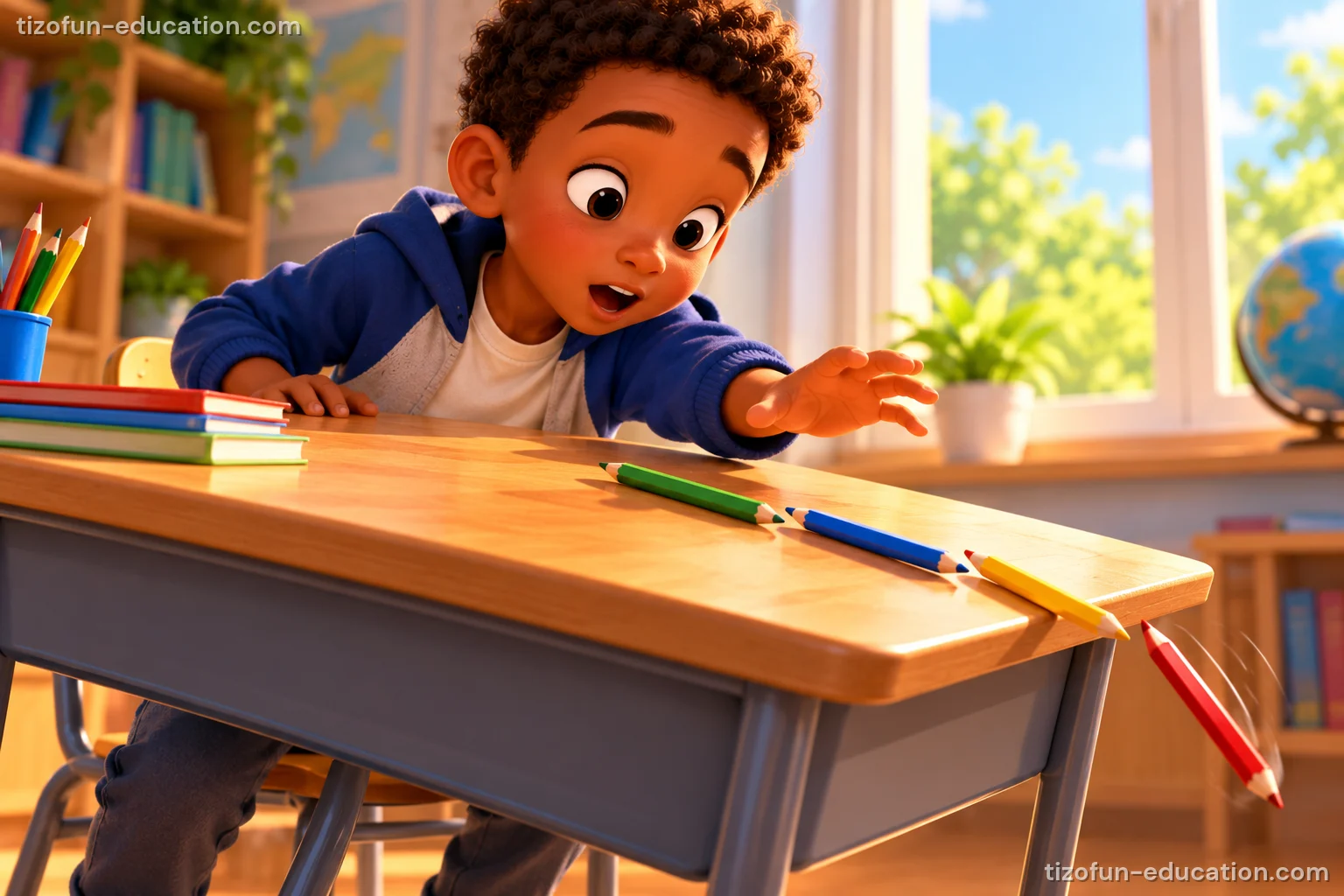 A boy at a school desk reaches out as his pencils roll toward the edge and one falls off