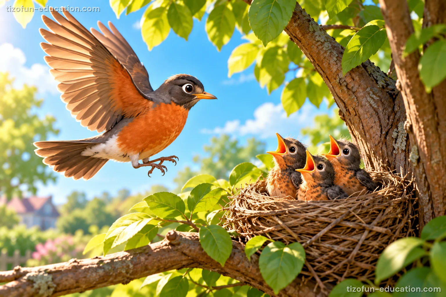 A mother robin flies toward her nest where three chicks wait with their beaks wide open