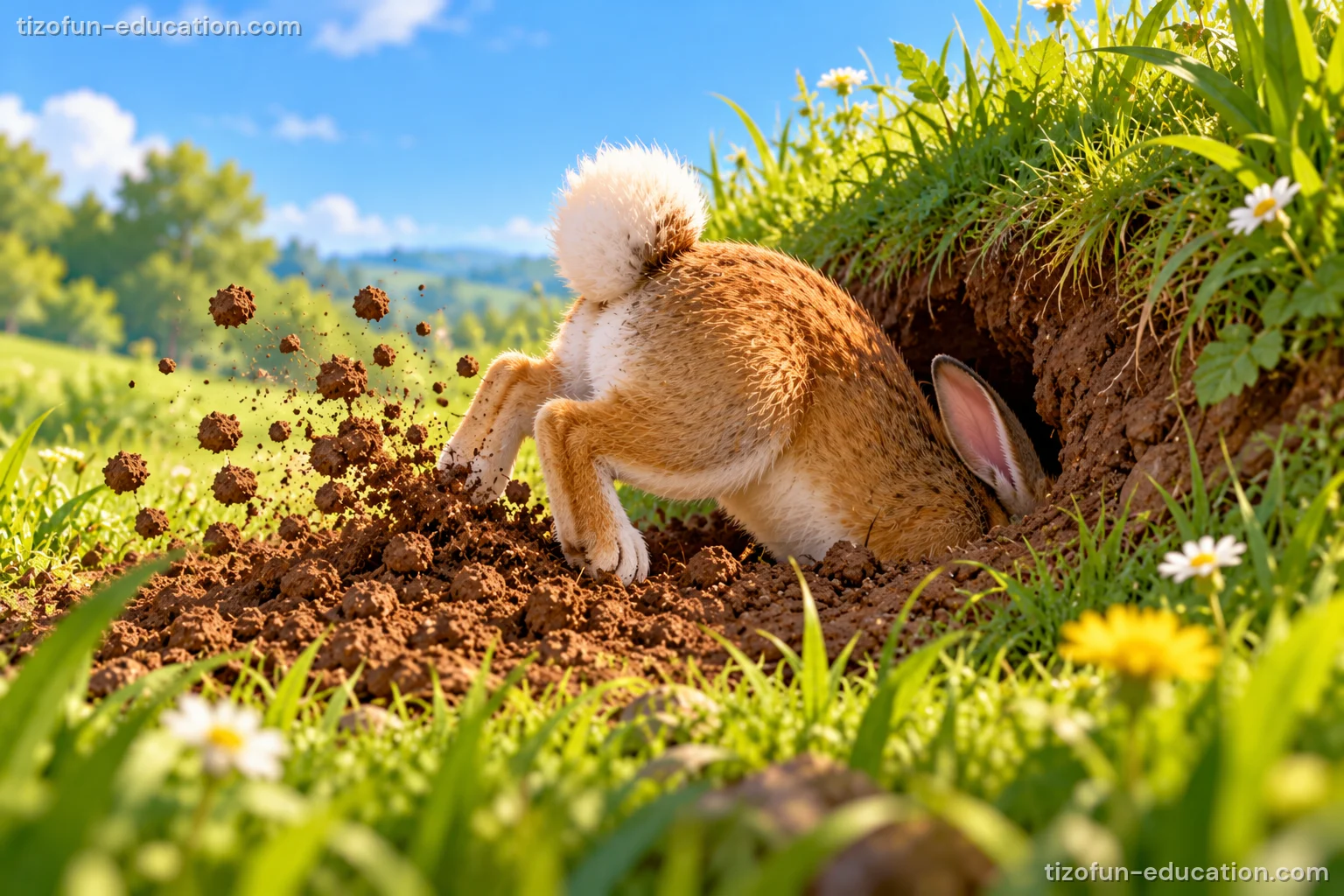 Un lapin creuse un trou sous un talus herbeux, la terre vole, la moitié de son corps est déjà dans le trou