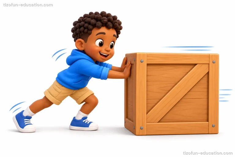 A smiling boy leans forward and pushes a big wooden box with both hands. Motion lines show the box moving.