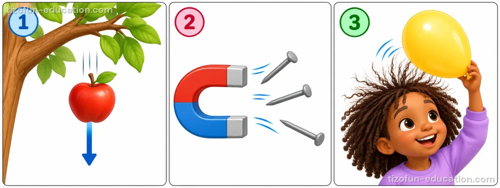 Three small pictures. 1: an apple falls from a tree branch, an arrow points down. 2: a horseshoe magnet pulls nails toward it. 3: a balloon makes a child's hair stand up.