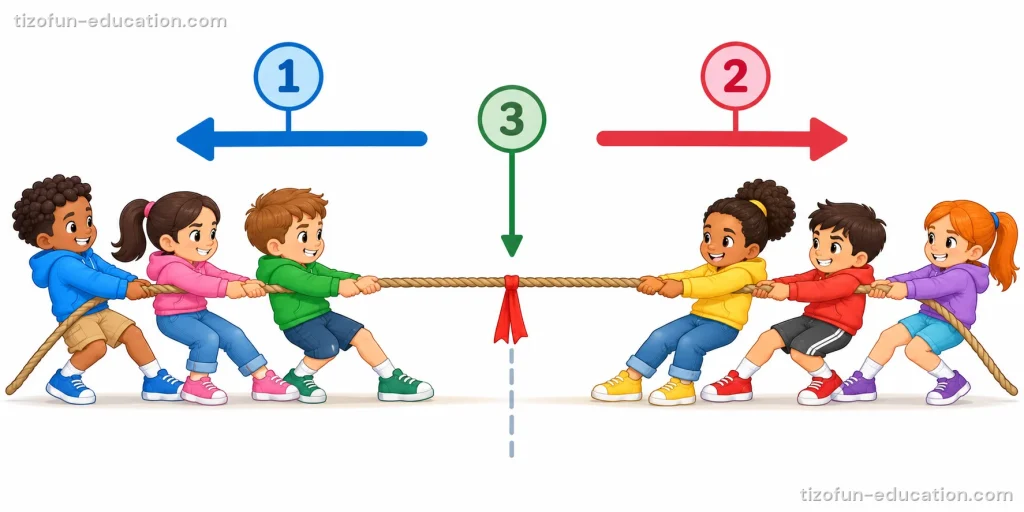 Two teams of three children pull a rope in opposite directions. The arrows of both teams have the same length, and the flag in the middle of the rope stays above the center line.