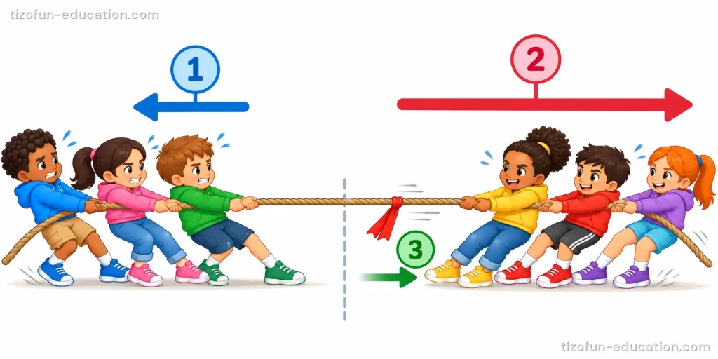 The same two teams pull the rope. The arrow of the right team is longer, and the flag on the rope has moved past the center line toward the right team.