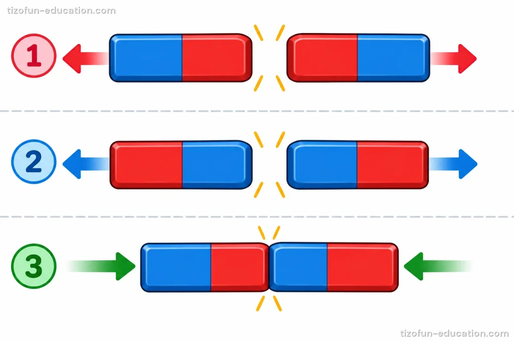 Three rows of two bar magnets, each half red and half blue. In rows 1 and 2, the facing ends are the same color and arrows push the magnets apart. In row 3, the facing ends are different colors and arrows pull the magnets together.