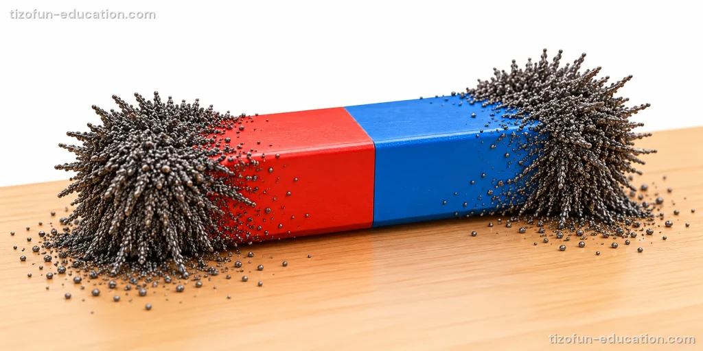 A red and blue bar magnet lies on a table. Thick tufts of tiny dark iron filings stick to both of its ends.