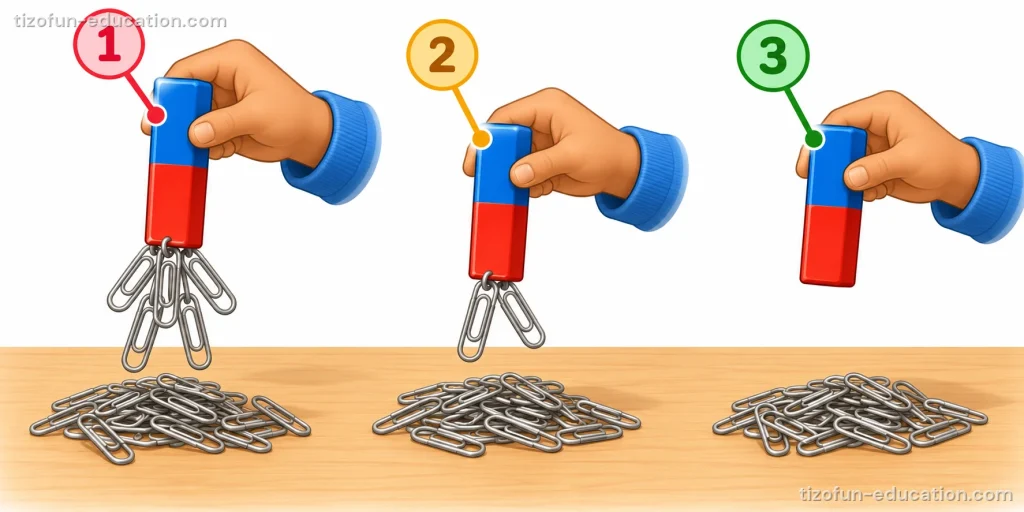 A hand holds a magnet above a pile of paper clips three times. Close to the pile, many clips hang from the magnet. A little higher, only two clips. Far above, no clip at all.