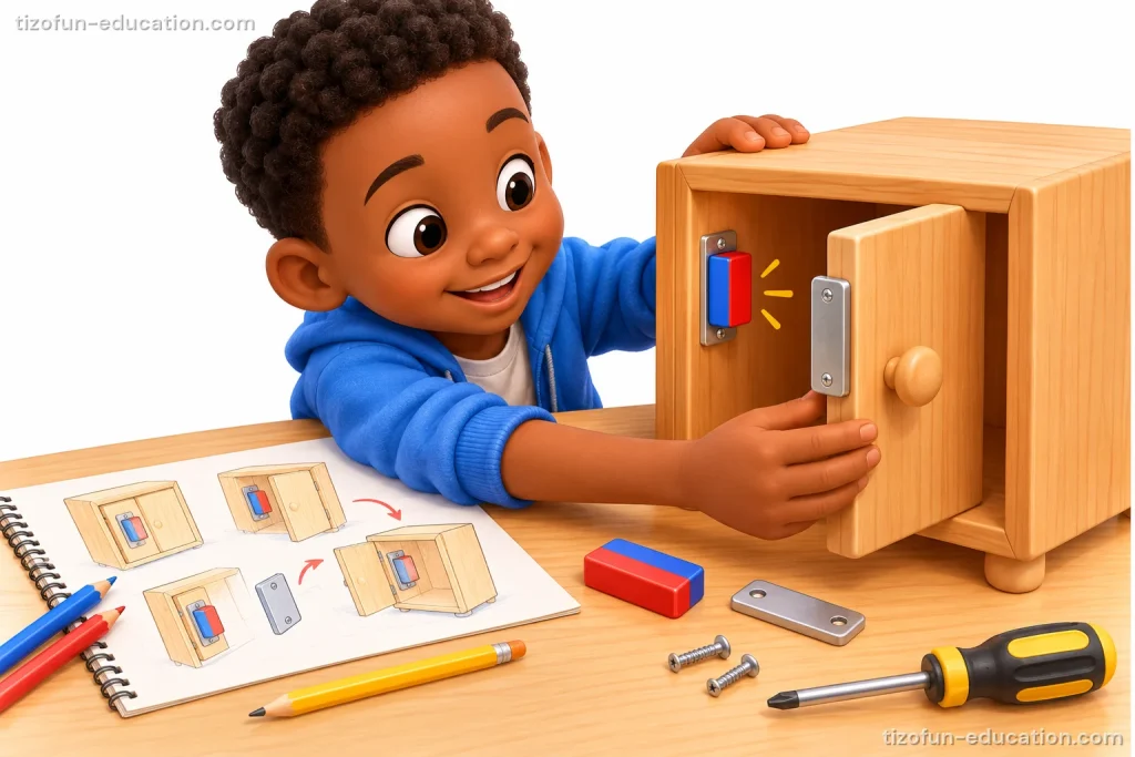 A smiling boy closes the door of a small wooden cabinet. A magnet on the door meets a metal plate on the frame. On the table: his design drawings, a pencil, small magnets, screws and a screwdriver.
