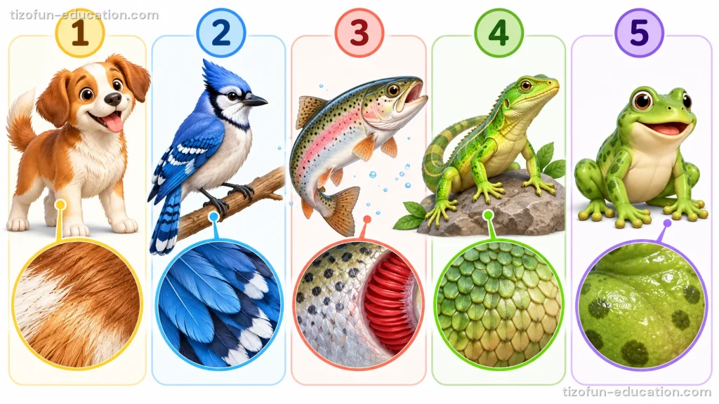 Five animals in a row, each with a round close-up of its body covering: a dog with fur, a blue jay with feathers, a fish with scales, a lizard with scales, and a frog with smooth wet skin.