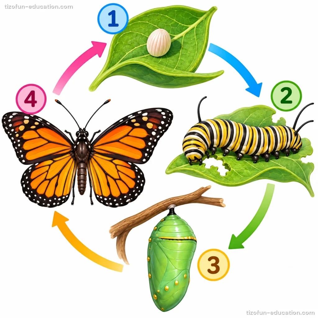 A circle of four numbered stages joined by arrows: 1, a small egg on a leaf; 2, a black, yellow and white striped caterpillar eating a leaf; 3, a green chrysalis hanging from a twig; 4, an orange and black monarch butterfly. An arrow goes from the butterfly back to the egg.