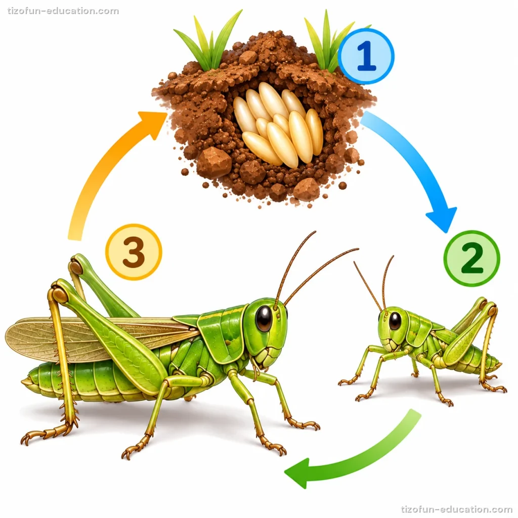 A circle of three numbered stages joined by arrows: 1, a group of pale eggs in a hole in the soil; 2, a small young grasshopper with no long wings; 3, a large adult grasshopper with long wings. An arrow goes from the adult back to the eggs.