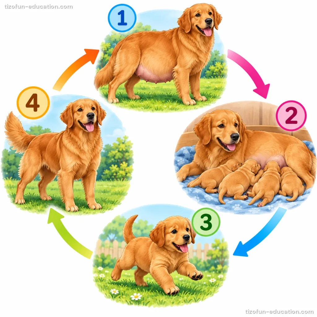 A circle of four pictures with arrows: an adult golden dog, a mother dog feeding her newborn puppies, a young puppy running in the grass, then a grown dog again.