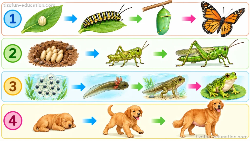 Four numbered rows of drawings linked by arrows. Row 1: an egg on a leaf, a striped caterpillar, a green chrysalis, an orange butterfly. Row 2: eggs in the soil, a young grasshopper, a bigger adult grasshopper. Row 3: frog eggs in water, a tadpole, a tadpole with legs, a frog. Row 4: a sleeping puppy, a playful puppy, an adult dog.