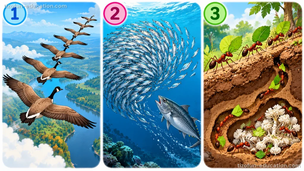 Three numbered pictures side by side. 1: a line of geese flying in a V shape above a river and forests. 2: a huge school of small silver fish swimming together while a big tuna swims toward them. 3: an underground ant nest; ants carry pieces of green leaves along the surface and into rooms where white food grows.