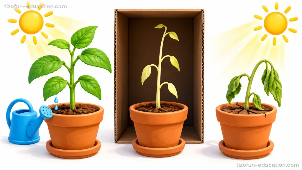 Three potted plants of the same kind. On the left, a green, healthy plant in the sun, next to a watering can. In the middle, a pale, thin plant inside a dark box. On the right, a plant in the sun with drooping, wilted leaves and dry soil.
