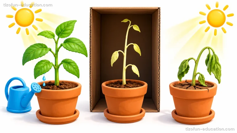 Three potted plants of the same kind. On the left, a green, healthy plant in the sun, next to a watering can. In the middle, a pale, thin plant inside a dark box. On the right, a plant in the sun with drooping, wilted leaves and dry soil.