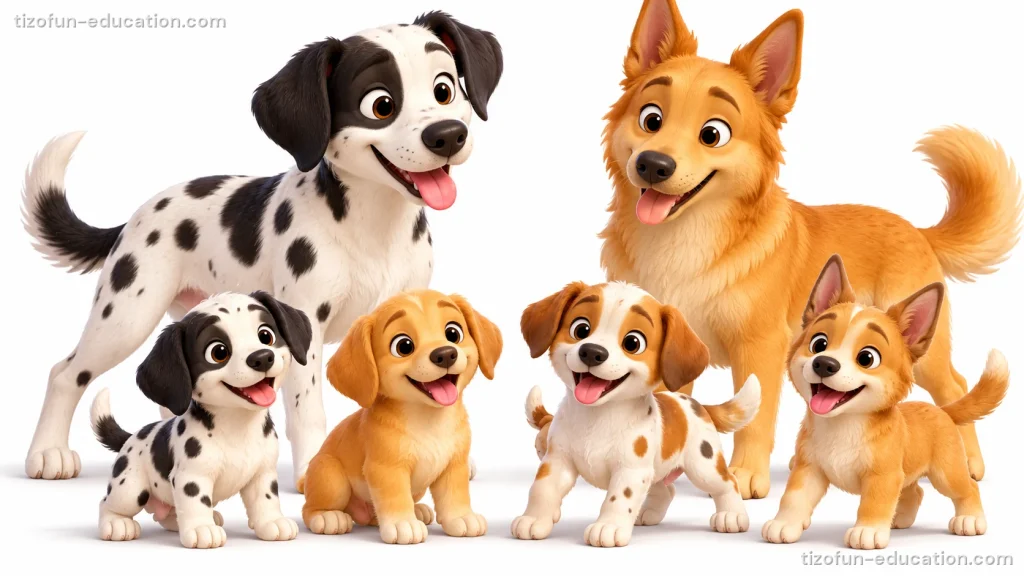 Two grown-up dogs, one white with black spots and one golden, stand behind four puppies. Two puppies are spotted like the first dog, and two are golden like the second.